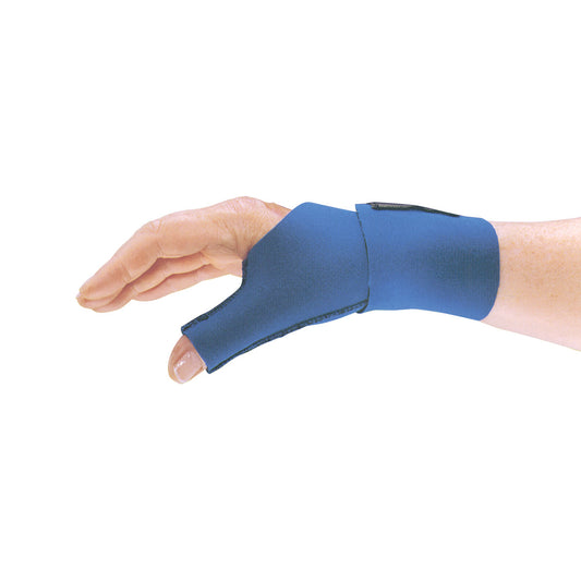 A hand is shown wearing the AliMed Neoprene Wrist/Thumb Wrap in blue, providing support and coverage for the wrist and thumb.