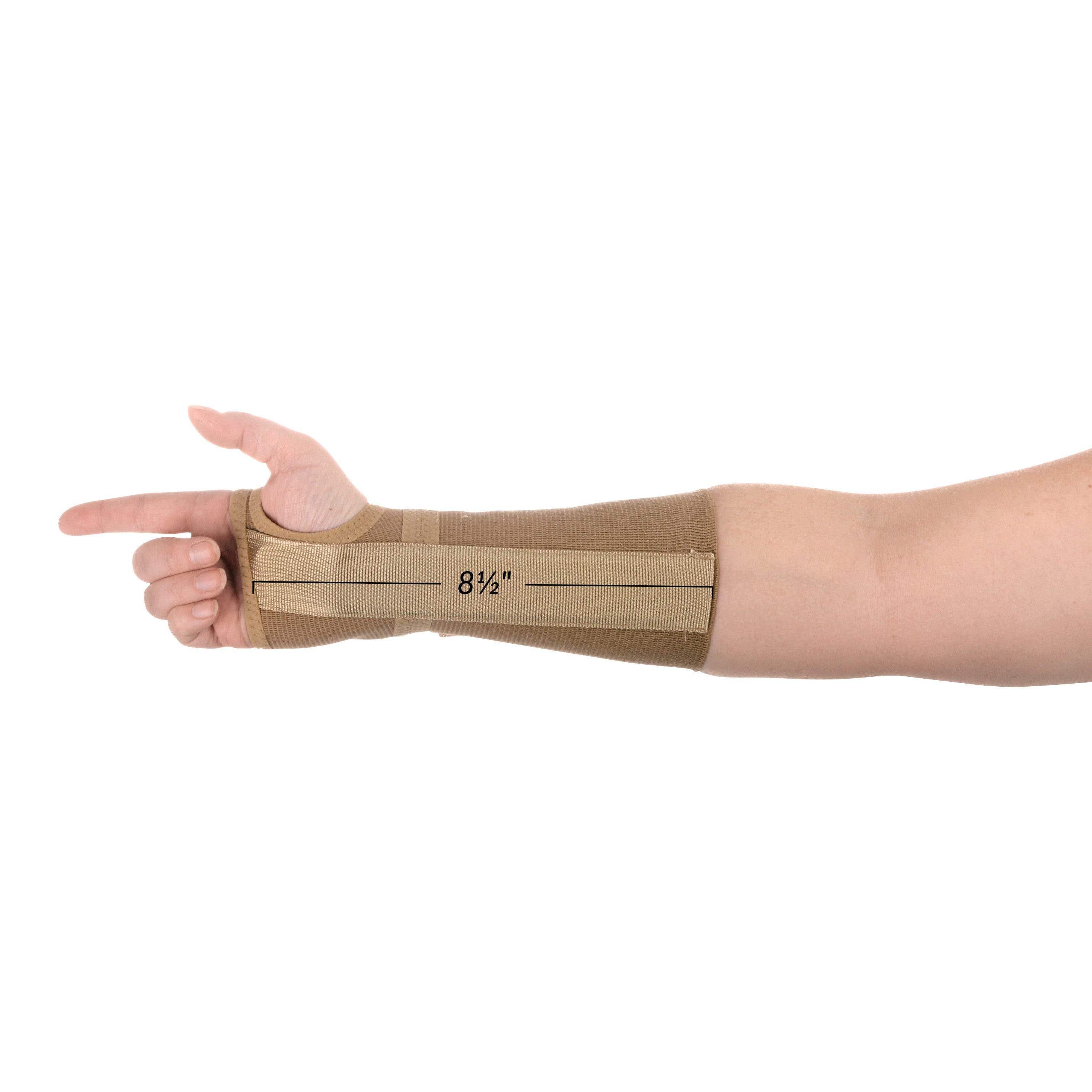 A person wearing an AliMed FREEDOM Long Elastic Wrist Support, shown in beige, measuring 8 1/2 inches long.