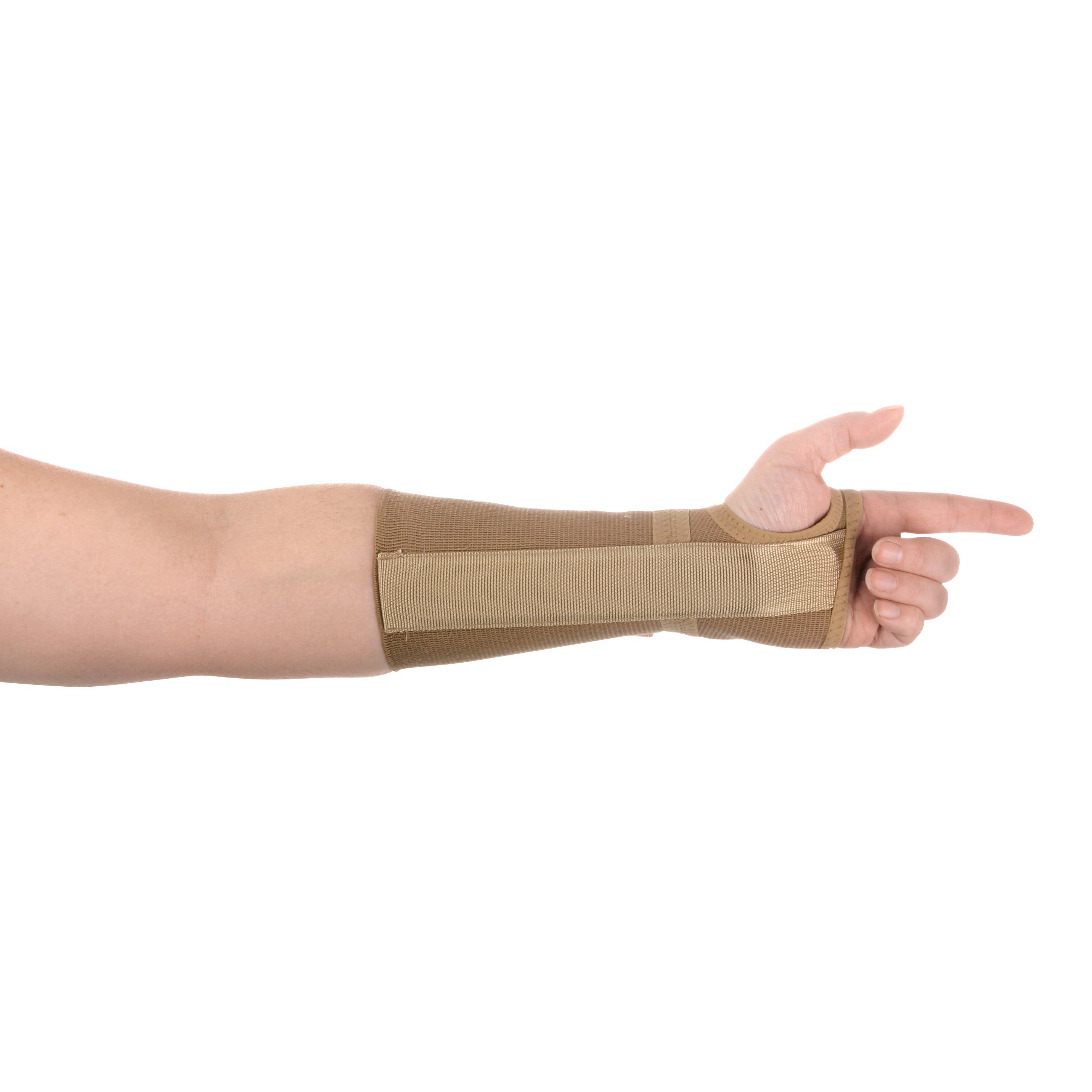 A person wears the AliMed FREEDOM Long Elastic Wrist Support on their left forearm, extended with thumb out, in a beige color.